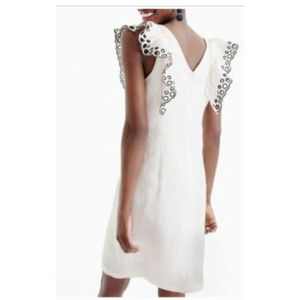 J Crew Collection Ivory Linen Blend Ruffle-Shoulder Eyelet Shift Dress~‎ Size 00